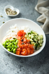 Homemade poke bowl with smoked salmon