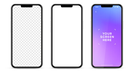 Realistic smartphone mockup isolated with transparent screens. Smart phone mockup collection. Device front view. 3D mobile phone with shadow on white background. Realistic, flat and line style