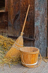 Vintage Wooden Bucket and Broom