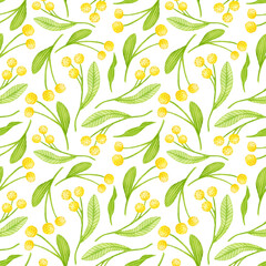 Watercolor yellow flowers seamless pattern. Hand painted spring floral background with greenery isolated on white. Cute cartoon botanical motifs for textile. Mimosa and leaves repeated design