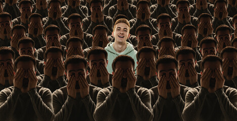 Conceptual creative collage with grey crowd of identical people and special one man standing among them. Difference and diversity concept.