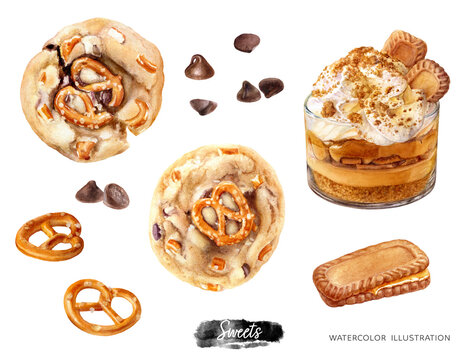 Sweet desserts watercolor isolated on white background. Cookies, pretzel, chocolate drops, caramel biscuits cookie, mousse dessert whipped cream