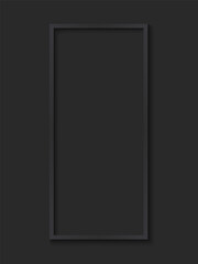 Black Rectangular Photo Frame for Art Gallery Wall. Blank and Empty Dark Border for Picture on Black Background. Simple Wood Grey Poster. Modern Template Design. Isolated Vector Illustration