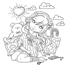 vector coloring page with cute girl