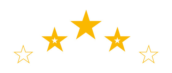 Five star rating icon. Balanced star drawing. Vector illustration. Superiority. Gold stars. Award icon on white background.