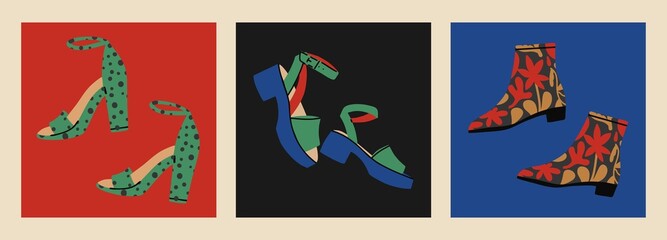 Set of vector icons of women's shoes. Sandals, slates, spaoogi. Fashion shoes design collection. Flat design, hand drawn cartoon, vector illustration.