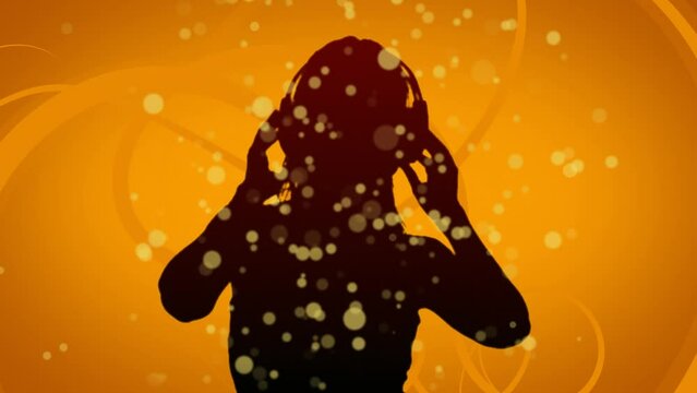 Animation of woman listening to music over orange background
