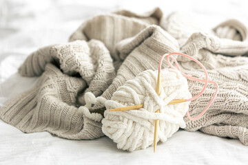 Close-up, threads for knitting, yarn of threads in pastel colors.