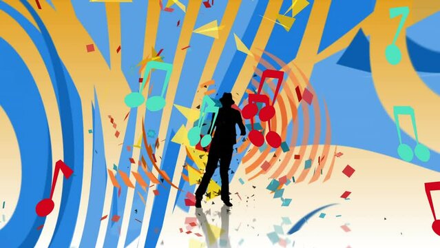 Animation of notes and dancing man on yellow and blue background