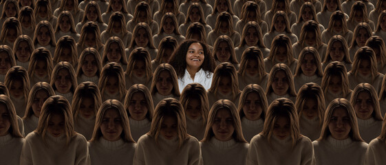 Obraz premium Top view of grey crowd of identical people with same emotions and one different young girl, difference and diversity concept. Stand out from the crowd concept