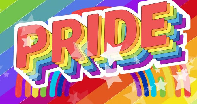 Animation of stars over pride text on rainbow background