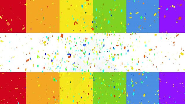 Animation of ribbon and confetti over rainbow background