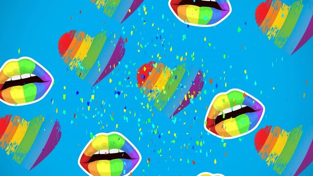 Animation of rainbow hearts, lips and confetti over blue background