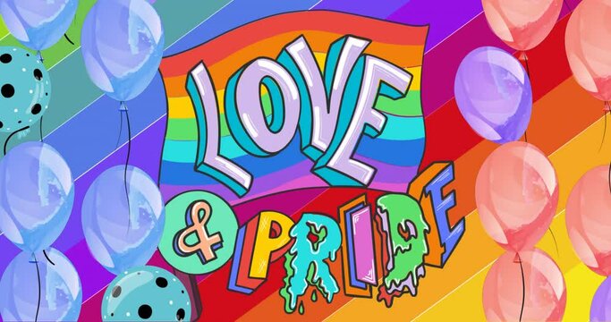 Animation of balloons over love and pride text with rainbow background