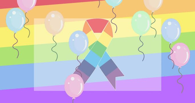 Animation of balloons over rainbow ribbon on rainbow background