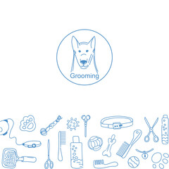 Template for poster grooming. Dog logo in a frame. Vector illustration vet design concept.