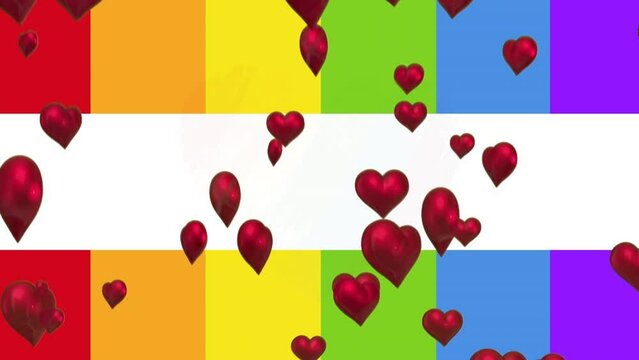 Animation of hearts over rainbow heart and flag