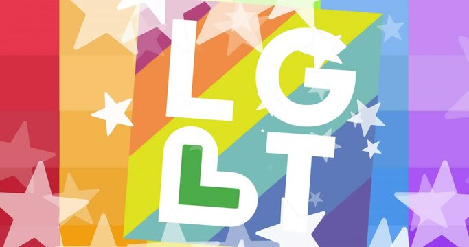 Animation of stars with lgbt text on rainbow background