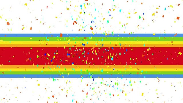 Animation of confetti falling over rainbow flags
