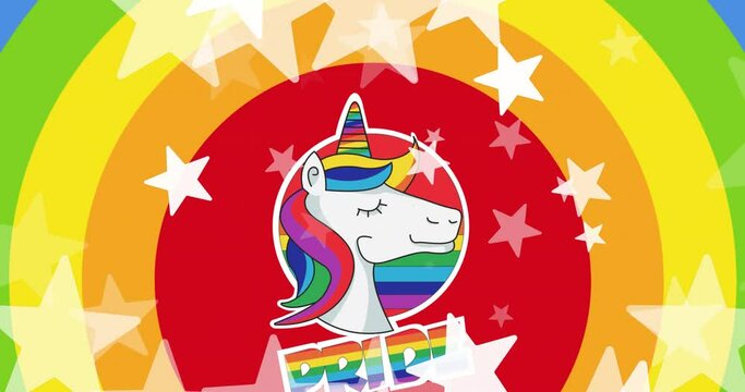 Animation of stars over pride text on rainbow background
