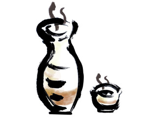 徳利と盃に入ったお酒の手描き筆書きイラスト