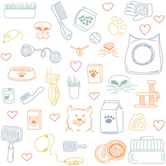 Seamless vector pattern with the image of a cat, animal care, grooming, pet supplies and food. Colored linear print on a white background.