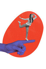 Picture of big human hand holding tiny female girl wondered look copy empty space abstract shapes vintage pin up style illustration