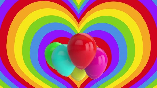 Animation of balloons over heart shape rainbow background