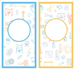 Animal health advertising flyer template. Vector illustration with pattern background and frame for vet pets, zoo, grooming.