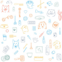 Veterinary seamless pattern with animals, medicines, food, toys. Vector linear illustration of pet grooming. Colored pattern on a white background.
