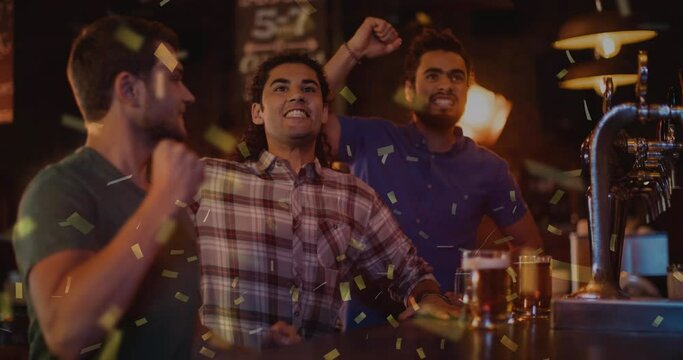 Animation of confetti falling men drinking beer in bar