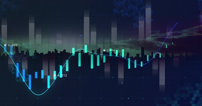 Animation of statistics and financial data processing over cityscape in background
