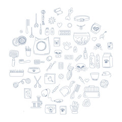 Animals background made of thin line icons in a circle representing animals, pets, and veterinary and grooming topics.