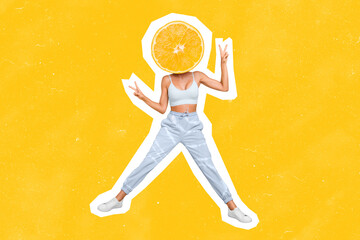 Picture of female model with big half orange fruit instead head jumping high show v-sign isolated on psychedelic background - obrazy, fototapety, plakaty