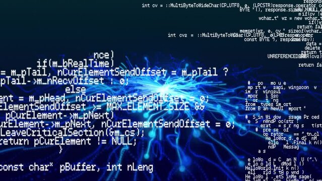 Animation of data processing on black background with blue lines