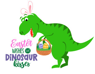 Easter wishes and dinosaur kisses - funny hand drawn doodle, cartoon dino. Good for Poster or t-shirt textile graphic design. Vector hand drawn illustration. Happy Easter!