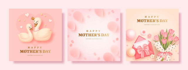Set of Mother's day poster or banner with realistic petals, cartoon swan, flowers and envelope on pink and beige background