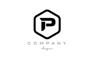 black and white P alphabet letter logo icon design with hexagon. Creative template for business and company