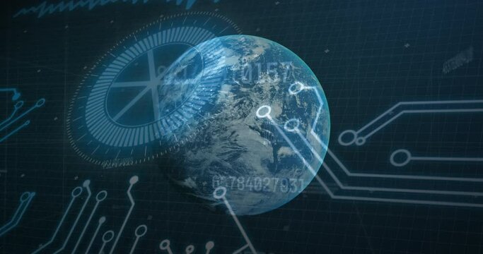 Animation of data processing, globe spinning with computer circuit board in background