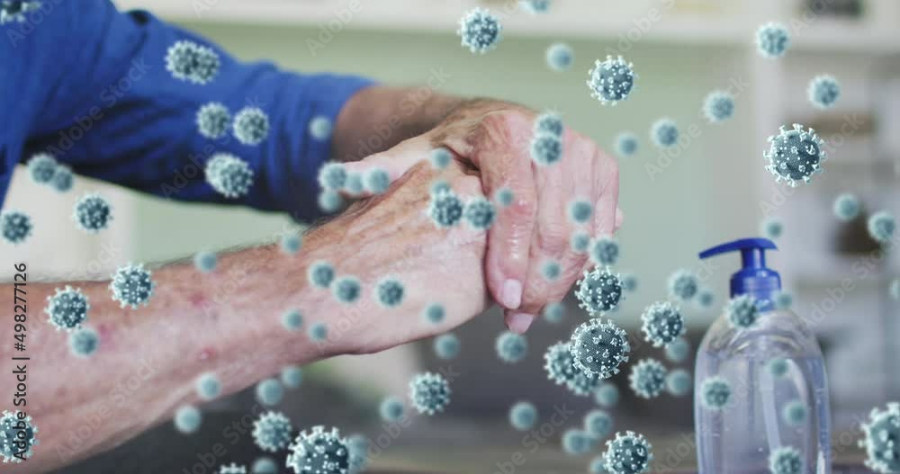 Poster Animation of falling covid 19 cells over man washing hands