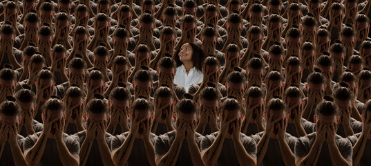 Conceptual collage with crowd of identical people with same emotions and one different young girl,...