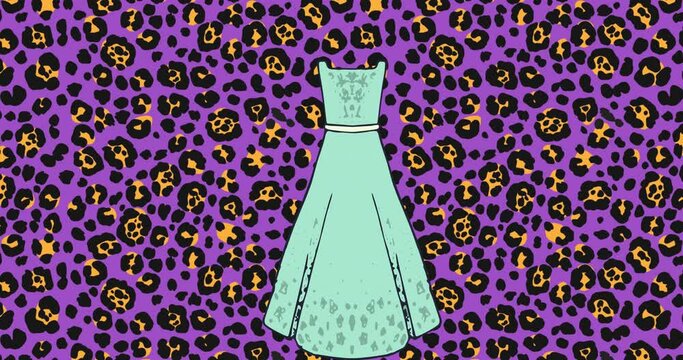Digital animation of multiple female dress icons against leopard print design on purple background