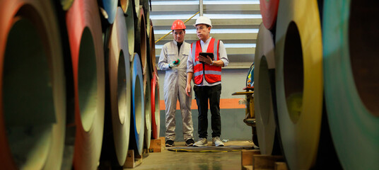 Asian male worker wearing safety hard hat helmet inspecting metal raw materials for roofing warehouse