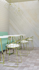 3D rendering coffee shop interior white brick wall and white marble table and white velvet seat