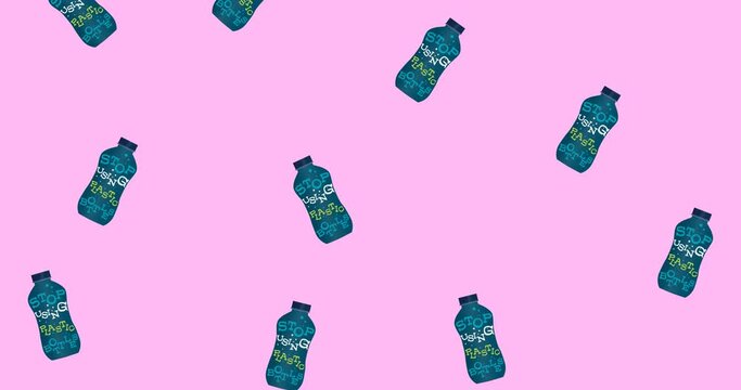 Animation of falling bottles icons with text stop using plastic on pink background