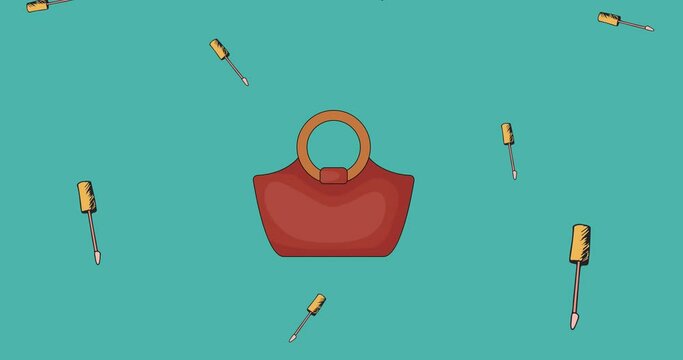 Animation of makeup brushes over fashion bag on green background