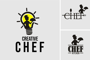 creative chef logo with illustration of a chef in a light bulb carrying food. suitable for use for food logo design