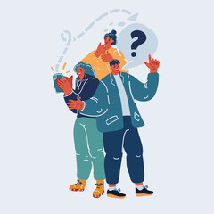 Vector illustration of Thinking young men and women. Confused people with a question mark.