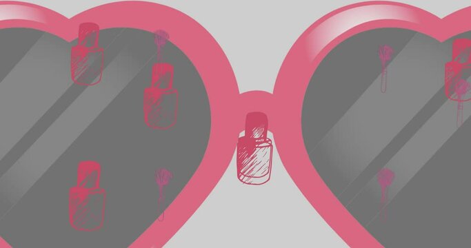 Animation of nail polish and brush icons with glasses on pink background