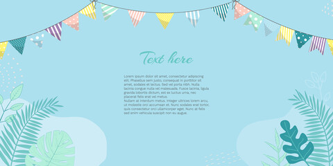 Vector banner with isolated flags, leaves and abstract spots with empty space for text on blue backdrop. For poster, web or advertising banner, festival invitation, greeting card, mailing, newsletter